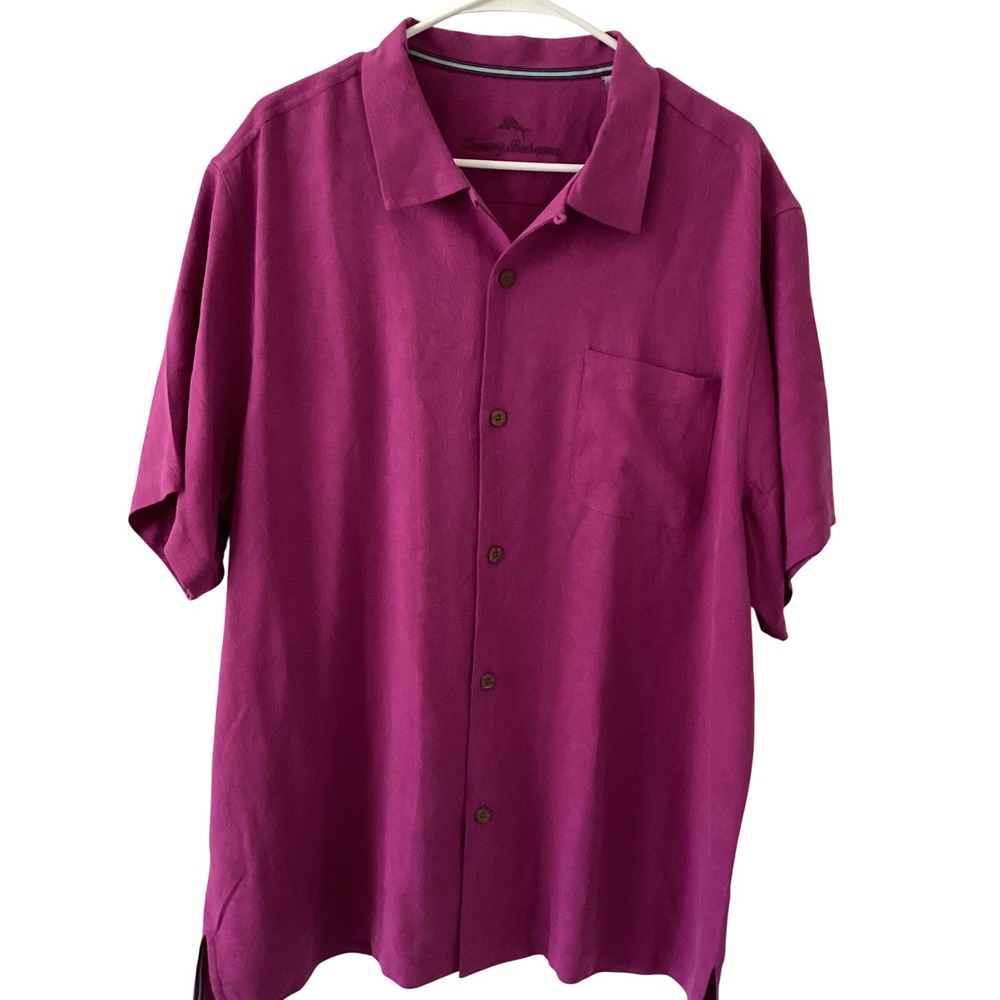Tommy Bahama Mens XL Magenta 100% Silk Jacquard Tropical Short Sleeve Camp Shirt